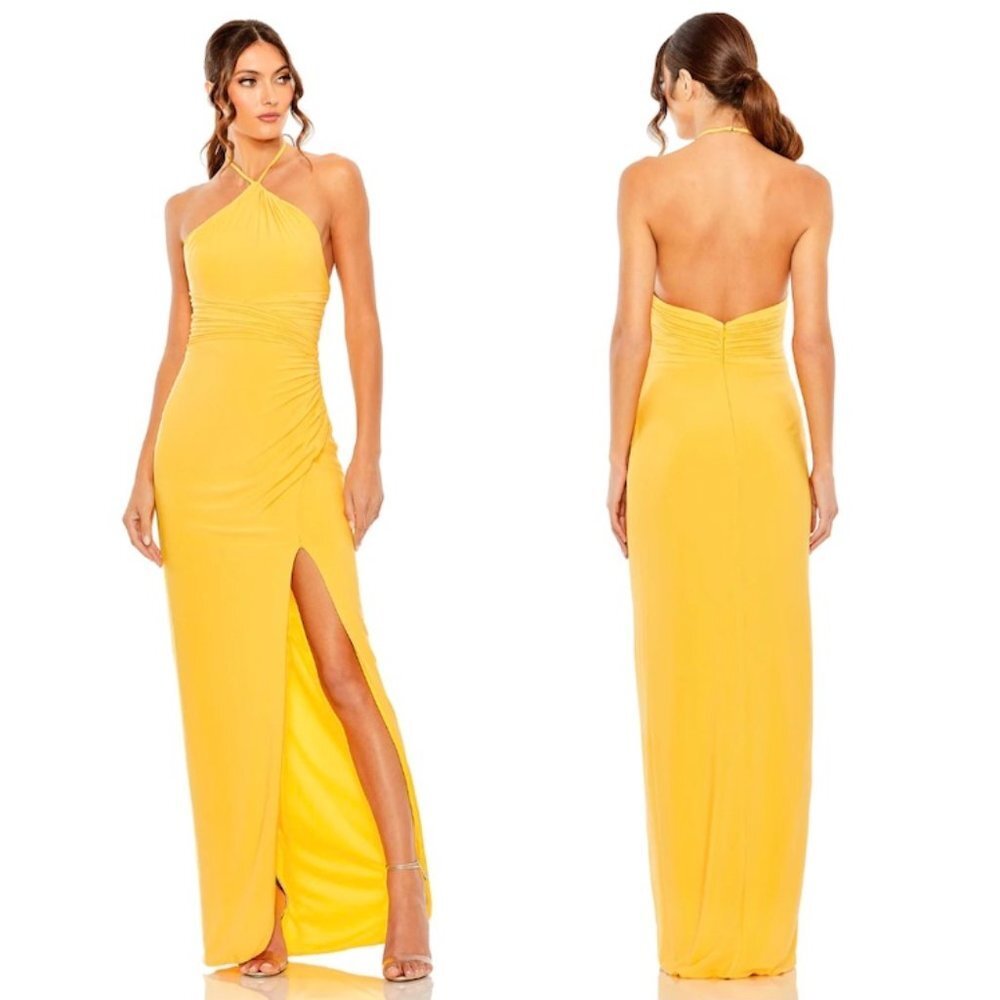 MAC DUGGAL Halter Neck Rouched Side Front Slit Gown in Marigold Size Medium